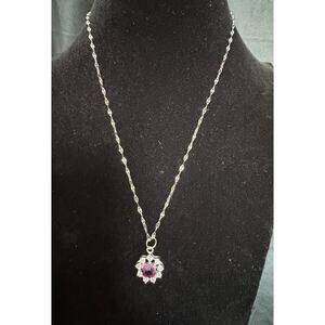 Silver Pendant Necklace with Purple Gem & Clear Crystals on New Chain N129